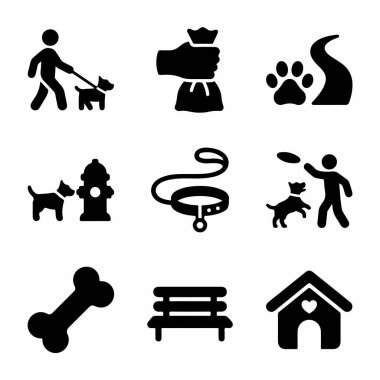 Köpek gezdirme, yakalama oyunu, köpek kulübesi, kemik, yaka, tasma ve kaka torbası da dahil olmak üzere köpek aktivitelerini temsil eden dokuz adet simge..