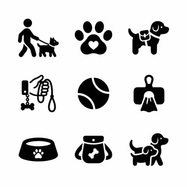 Beyaz bir zemin üzerinde yürüme, beslenme, oynama ve tımar malzemeleri de dahil olmak üzere köpek mülkiyetinin çeşitli yönlerini temsil eden dokuz basit simge koleksiyonu..