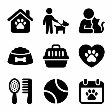 Hayvan bakımı, yürüme, beslenme, barınma ve hayvan sevgisi gibi konuları temsil eden dokuz siyah ve beyaz ikondan oluşan bir koleksiyon. Web ve mobil uygulamalar için mükemmel.