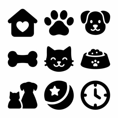 Evcil hayvan sahipliğiyle ilgili dokuz basit siyah kabartma simgesinden oluşan bir koleksiyon. Bir köpek, kedi, pençe izi, kemik, yemek kasesi, oyuncak top, barınak ve zaman sembolleri içerir.