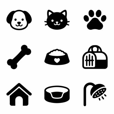 Köpek, kedi, pençe izi, kemik, yemek, taşıyıcı, ev, yatak ve tımar sembolleri de dahil olmak üzere hayvan hizmetleri ve ürünleri için dokuz siyah ve beyaz simge koleksiyonu.