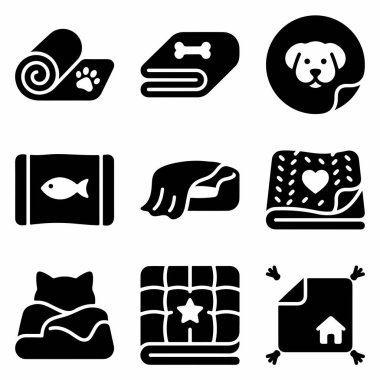 Evcil hayvan rahatlığı ve bakımıyla ilgili dokuz katı kabartma sembolü koleksiyonu. Beyaz arka planda izole edilmiş evcil hayvan battaniyeleri, yataklar, paspaslar ve kedi ve köpekler için yiyecek ikonları içerir.