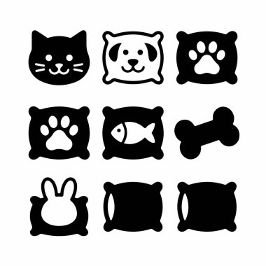 Evcil hayvan ve hayvan malzemeleri için dokuz basit sembol koleksiyonu. Yastıklarda kedi, köpek ve tavşan yüzleri, pençe izleri, bir balık ve bir kemik. Beyaz bir arkaplanda izole edilmiş.