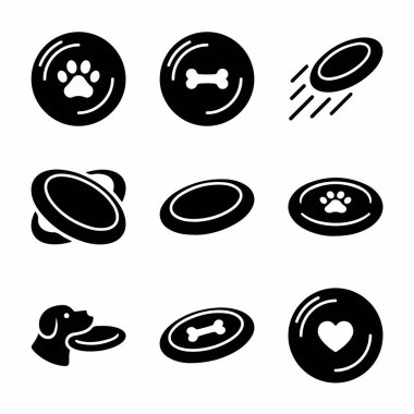 Köpek frizbilerini temsil eden dokuz siyah simge koleksiyonu. İçinde pençe izleri, kemikler, kalpler ve uçan disk oyuncağı yakalayan bir köpek var..