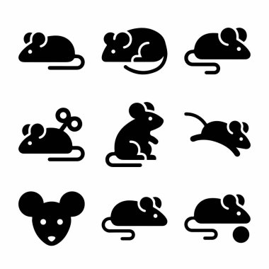 Dokuz basit siyah fare ve fare simgesinden oluşan bir koleksiyon. İçinde kurmalı bir oyuncak, çalışan bir fare ve kafa silueti var. Kullanıcı arayüzü ve grafik tasarım projeleri için mükemmel.