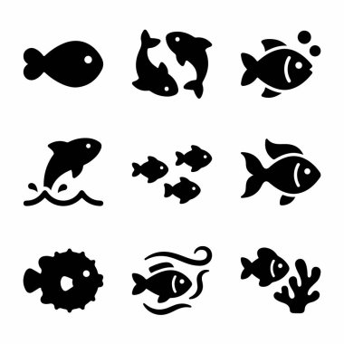 Dokuz basit siyah balık ikonu koleksiyonu. Çeşitli balık şekilleri, zıplayan bir yunus, bir kirpi balığı, bir balık sürüsü ve mercanlı bir sualtı sahnesi içerir. Logolar veya web tasarımı için vektör sembolleri.