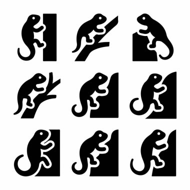 Kaya, duvar ve ağaçlar gibi çeşitli tırmanış yüzeylerinde farklı bir şekilde duran şekillenmiş kertenkele ya da bukalemunu gösteren dokuz basit siyah beyaz simge koleksiyonu..