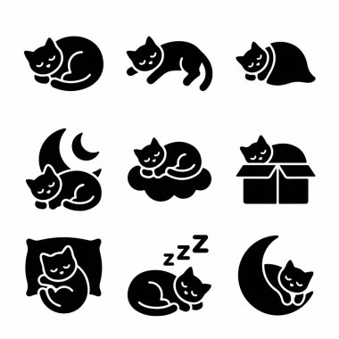 A collection of nine simple black glyph icons showing adorable cats and kittens sleeping. The set includes cats napping on pillows, in boxes, on clouds, and on the moon.