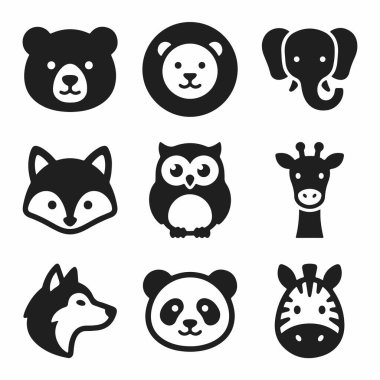 Collection of nine animal face icons including a bear, lion, elephant, fox, owl, giraffe, husky, panda, and zebra. Simple black glyphs isolated on a white background for logos or web design.