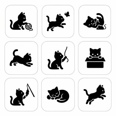 Siyah kedi siluetleri içeren izole edilmiş bir vektör ikonu koleksiyonu. Yavru kediler çeşitli eğlenceli aktivitelerde gösteriliyor. Bir kelebeği kovalamak, iplikle oynamak ve uyumak gibi..