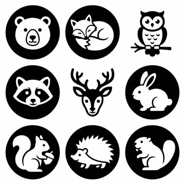 Ayı, tilki, baykuş, geyik ve tavşan gibi orman hayvanlarının yer aldığı dokuz basit monokrom ikonu koleksiyonu. Logolar, şablonlar veya grafik tasarım ögeleri için ideal.