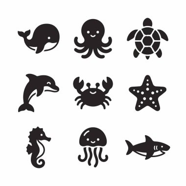 Bir balina, ahtapot, kaplumbağa, yunus, yengeç, denizyıldızı, denizanası, denizanası, denizanası ve köpekbalığından oluşan dokuz basit simge koleksiyonu. Beyaz bir arkaplanda izole edilmiş.