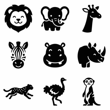 Bir aslan, fil, zürafa, zebra, su aygırı, gergedan, çita, devekuşu ve mirketten oluşan dokuz vahşi Afrika hayvan ikonu koleksiyonu. Tasarım için basit vektör grafikleri.