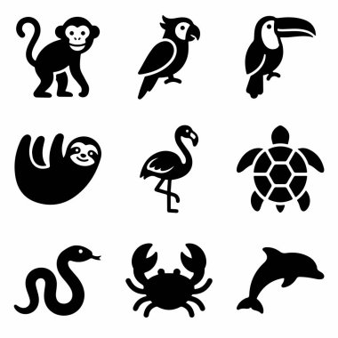 Beyaz arka planda izole edilmiş dokuz basit hayvan piktogramından oluşan bir koleksiyon. Sette bir maymun, papağan, tukan, miskin, flamingo, deniz kaplumbağası, yılan, yengeç ve yunus yer alıyor..