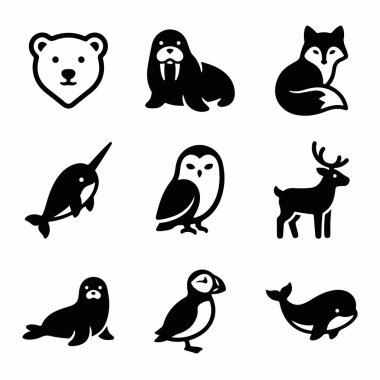 Kutup ayısı, mors, tilki, deniz gergedanı, baykuş, ren geyiği, fok, martı ve balina gibi çeşitli kutup hayvanlarının yer aldığı dokuz basit siyah siluet ikonundan oluşan bir koleksiyon. Tasarım için izole vektör grafik ögeleri.