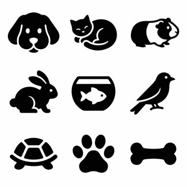 Evcil hayvan ve hayvanlarla ilgili dokuz basit siyah siluet ikonu koleksiyonu. Bir köpek, kedi, kobay, tavşan, akvaryum, kuş, kaplumbağa, pençe izi ve kemik içerir..