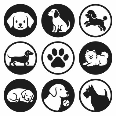 Çeşitli köpek cinsleri ve bir pençe izinden oluşan dokuz adet siyah ve beyaz yuvarlak simge. Bu grafik koleksiyonu bir kaniş, dachshund, terrier ve daha fazlasını içerir, beyaz bir arka planda izole edilmiş.