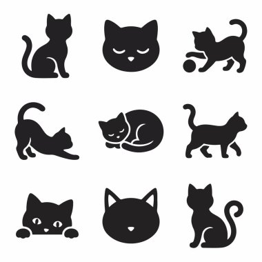 A set of nine black cat silhouettes and icons. The collection features cats in different poses like sitting, sleeping, playing, stretching, and peeking over a surface.
