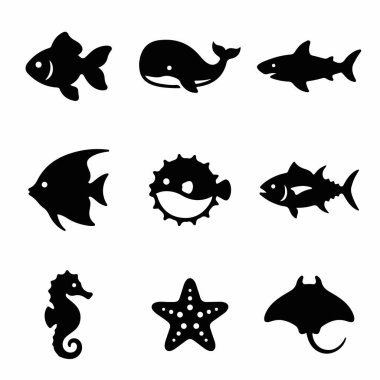 Bir balina, köpekbalığı, denizatı, denizyıldızı ve kirpi balığı gibi çeşitli deniz canlılarını temsil eden dokuz izole edilmiş siyah vektör ikonu. Basit deniz yaşamı sembolleri..