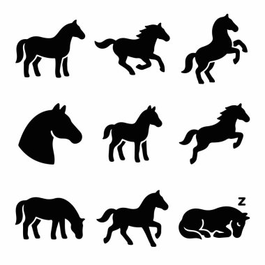 Dokuz izole edilmiş siyah at silueti koleksiyonu. Set ayakta durmak, koşmak, dörtnala koşmak, yetişmek, otlanmak ve uyumak gibi çeşitli pozları içerir. Tasarım için basit vektör simgeleri.