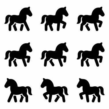 Üçer üçer dizilmiş dokuz tane düz siyah at simgesi. Her siluet, logolar ya da grafik tasarım elementleri için mükemmel olan stilize edilmiş bir koşu atını tasvir ediyor..