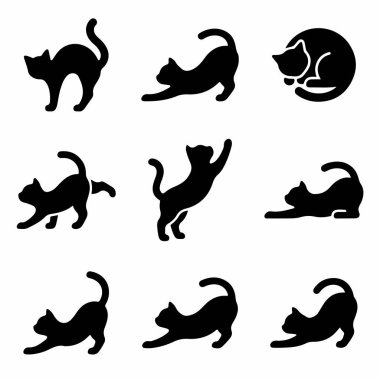 Collection of nine black cat silhouette icons. The vector graphics show cats in various poses like stretching, sleeping, walking, and standing. Isolated on a white background.
