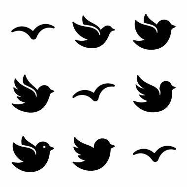 Dokuz izole edilmiş siyah kuş ikonu. Uçan güvercinler, güvercinler ve martılar dahil. Basit, düz vektör siluetleri logolar, web tasarımı ve grafik elementler için mükemmeldir.