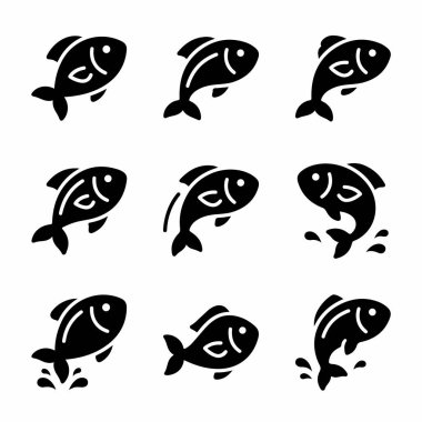 Basit bir siyah balık piktogramı koleksiyonu. Bu sembol seti balıkların suda yüzüşünü ve zıplamasını gösteriyor, logolar, deniz ürünleri markalaşması veya su teması için mükemmel..