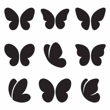 Dokuz basit siyah kelebek kanat ikonundan oluşan bir koleksiyon. Siluetler farklı uçuş pozları ve stillerinde gösteriliyor, grafik tasarım ve dekoratif amaçlar için mükemmel..