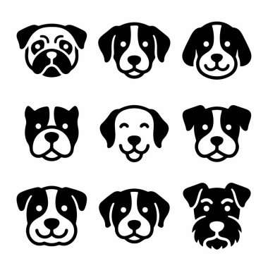 Çeşitli köpek türlerinin başlarının yer aldığı dokuz adet minimalist siyah-beyaz vektör simgesi. Bu koleksiyonda pug, terrier ve diğer şirin köpek yüzleri var. Logolar ve evcil hayvan tasarımları için mükemmel..
