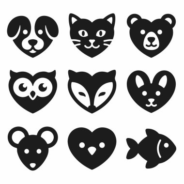 Dokuz basit siyah beyaz hayvan ikonundan oluşan bir koleksiyon. Bir köpeğin, kedinin, ayının, baykuşun, tilkinin, tavşanın ve penguenin, artı bir fare ve balık ikonunun kalp şeklindeki yüzlerini içerir..