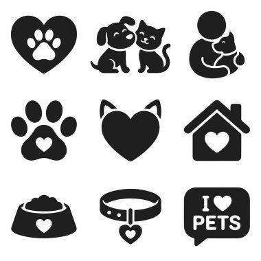 Sevgi ve ilgiyi temsil eden dokuz siyah siluet ikonu koleksiyonu. Kalp izi, köpek ve kedi çifti, evcil hayvan sahibi kucaklaşması ve yemek kasesi gibi semboller içeriyor..