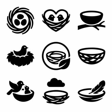 Yumurtaları, kuşları, yavruları, dalları ve kalp şeklinde olan dokuz basit kuş yuvası ikonundan oluşan bir koleksiyon. İzole vektör grafikleri.