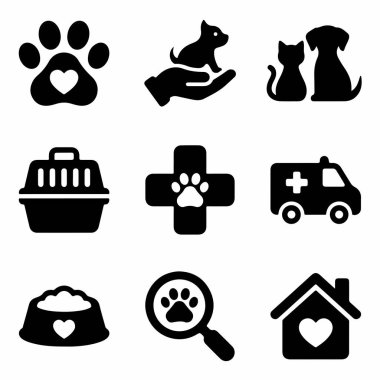 Veterinerlik, evlat edinme, evcil hayvan mamaları, hayvan taşımacılığı ve acil durum hizmetleri de dahil olmak üzere hayvan hizmetleri için siyah katı ikonlar koleksiyonu. Ağ ve yazdırma için basit semboller.