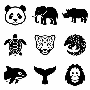 Vahşi hayvan sembollerinin vektör çizimi. İçinde panda, gergedan, leopar, pangolin, kaplumbağa, orka ve maymun var. Beyaz bir arkaplanda izole edilmiş.