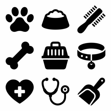 Yiyecek, tımar, sağlık ve aksesuar gibi temel hayvan bakım gereksinimlerini temsil eden dokuz siyah katı ikondan oluşan bir koleksiyon. Pençe izi, kemik, taşıyıcı ve steteskop sembolleri içerir.