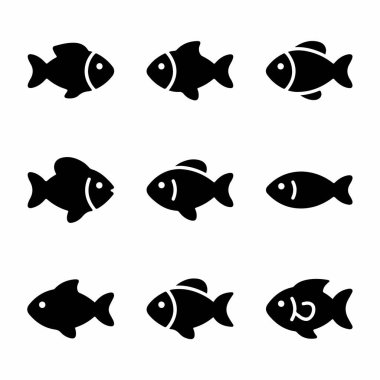 A set of nine different black fish icons or silhouettes. The vector graphics are isolated on a white background, perfect for logos, web design, and aquatic themes.