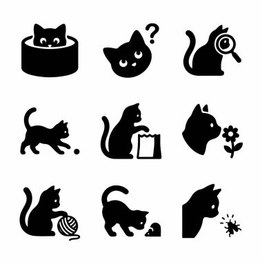 Dokuz basit siyah kedi ikonundan oluşan bir koleksiyon. Kediler iplikle oynuyorlar, çiçekleri kokluyorlar, büyüteçle bakıyorlar ve merak ediyorlar..