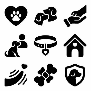 Evcil hayvan sevgisi, köpek bakımı, evlat edinme ve hayvan refahını temsil eden dokuz siyah katı ikondan oluşan bir koleksiyon. Kalp pençesi, tasma, barınak ve koruma kalkanı gibi semboller içerir.