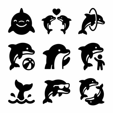 İzole edilmiş siyah yunus siluetleri. Akvaryumlar, deniz yaşamı ve yaz temaları için grafiksel semboller. Oyuncu karakterler, aşk ve performans simgeleri içerir.