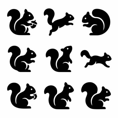 Dokuz basit, düz siyah sincap silueti koleksiyonu. Set, oturmak, zıplamak ve logolar veya grafik tasarım için mükemmel bir fındık tutmak gibi çeşitli pozlar içeriyor..