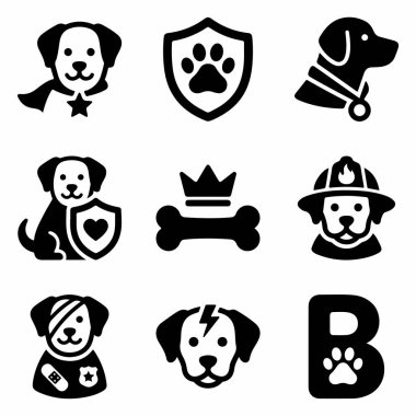 Güvenlik, kahramanlık, veterinerlik ve kraliyet ailesi gibi köpek temalarını temsil eden dokuz basit simge koleksiyonu. Hayvanlarla ilgili işler için mükemmel..