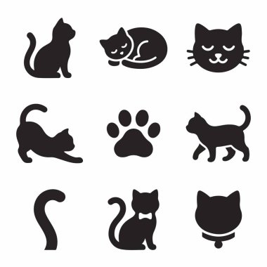 A collection of nine simple black vector icons related to cats, including a sitting cat, sleeping cat, stretching cat, paw print, tail, and head with a collar.