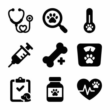 Kontrol, teşhis, aşı, ilaç ve kedi gibi evcil hayvanlar için sağlık izleme de dahil olmak üzere veterinerlik hizmetlerini temsil eden dokuz basit siyah ikondan oluşan bir koleksiyon..