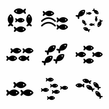 Dokuz farklı siyah balık ikon setinden oluşan bir koleksiyon. Basit siluetler, okullar, daireler ve çizgiler de dahil olmak üzere, beyaz bir arkaplanda izole edilmiş çeşitli gruplar halinde düzenlenmiştir..