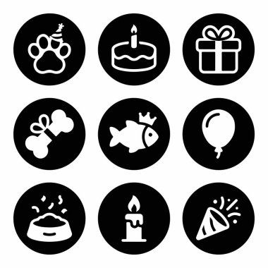 Bir evcil hayvan doğum günü partisi için dokuz basit siyah beyaz simge koleksiyonu. Pençe izi, pasta, hediye, kemik, balık, balon ve yemek kasesi gibi semboller içerir.