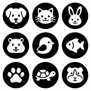 Şirin evcil hayvan ikonlarının vektör seti. Köpek kedi, tavşan, hamster, kuş, balık, pati, kaplumbağa ve kobay. Web veya yazdırmak için basit siyah ve beyaz siluet tasarımı.