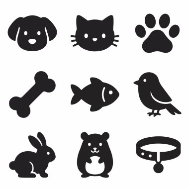Çeşitli evcil hayvan ve hayvan aksesuarlarını temsil eden dokuz basit simge seti. Beyaz arka planda bir köpek, kedi, pati izi, kemik, balık, kuş, tavşan, hamster ve tasmayı içerir..