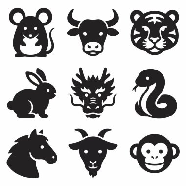 Sıçan, öküz, kaplan, tavşan, ejderha, yılan, at, keçi ve maymun da dahil olmak üzere dokuz Çin zodyak hayvan sembolü koleksiyonu. Beyaz arkaplanda basit siyah vektör simgeleri.