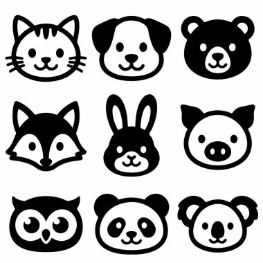 A collection of nine simple animal head icons. Includes cat, dog, bear, fox, rabbit, pig, owl, panda, and koala. Flat black and white vector illustration style.